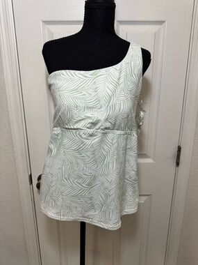 One-Shoulder Leaf Print Tank Top in Mint and White